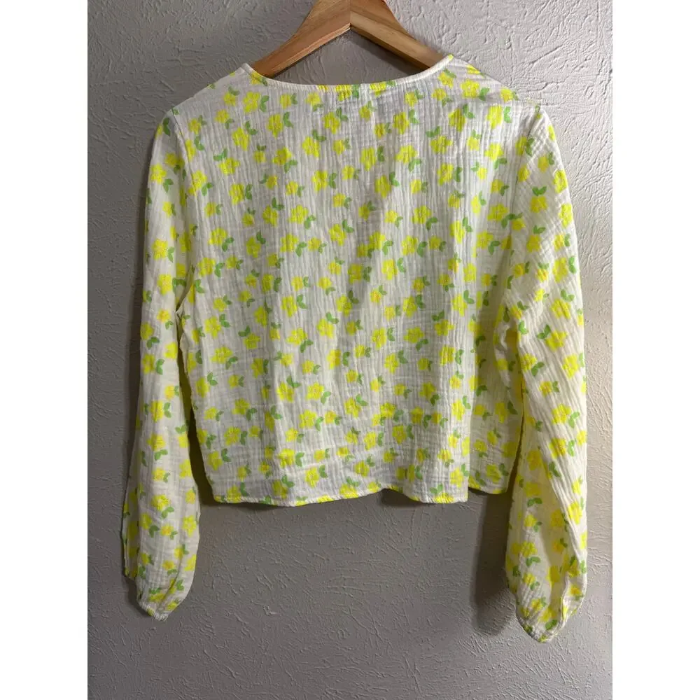 Daphnea Paris Tie Front Slub Cotton Floral Top Size Small - Picture 2 of 4